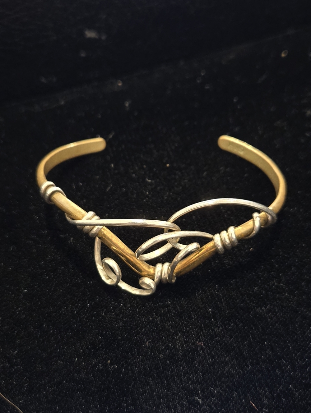 Handcrafted Artisan GAH  Two-Tone Brass  and Sterling Silver Wire Cuff Bracelet